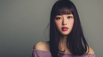 前髪を下ろし正面で見つめる女性、ナチュラルな眼差し