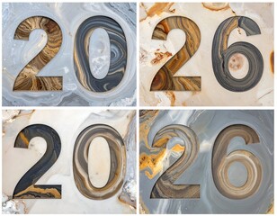 Four panels show "2026" cutouts filled with swirled marble textures