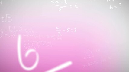 Animation of mathematical equations and formulas floating against pink gradient background - Powered by Adobe