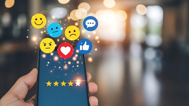 Hand holding smartphone with social media reaction emojis floating above screen