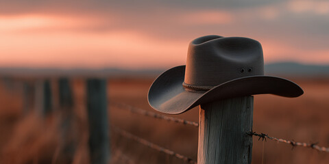A lone cowboy hat rests on a wooden fence post, with a blurred backdrop of a scenic vista. The hat suggests a sense of adventure, and the warm colors of the background evoke a feeling of nostalgia