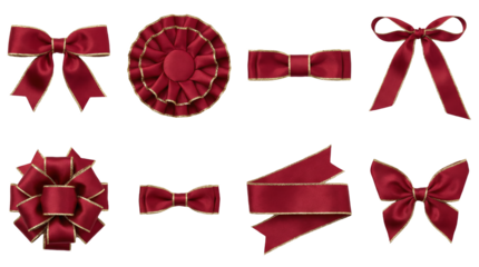Burgundy satin ribbon set including bows, rosettes, loops, and decorative knots isolated. Elegant gift wrapping and holiday ornament collection.