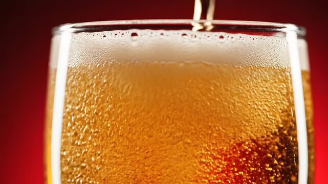 Close-up of cold beer pouring into a glass against a red background. Golden lager filling a pint with rising bubbles and white foam. Celebration concept for Chinese New Year or Oktoberfest