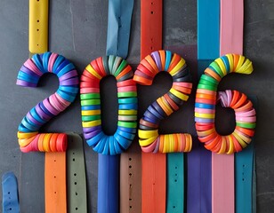 Colorful 2026 formed with stacked objects, arranged on colorful strips