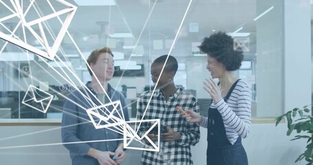 Animation of network of message icons over group of diverse colleagues discussing together at office - Powered by Adobe