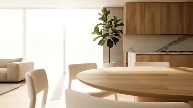 Bright modern dining area with round wooden dining table white chairs beige sofa and indoor fiddle leaf fig plant near sunlit window minimal living room with beige sofa wooden floor large windows