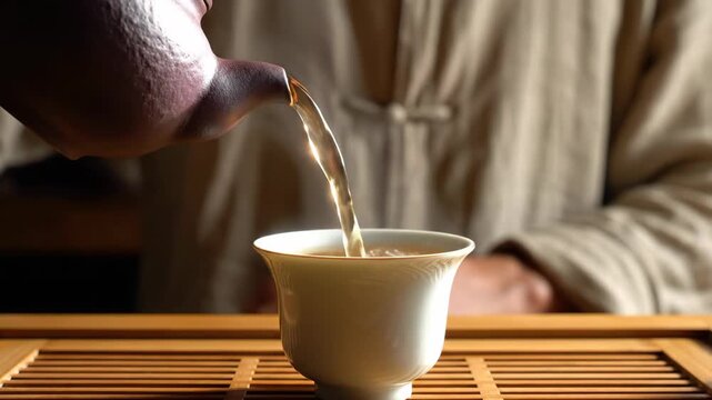 Close-up of hot tea pouring from a clay teapot into a white cup on a wooden tray. Traditional Chinese tea ceremony with steam rising. Asian culture and Lunar New Year concept