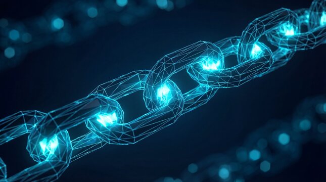 Blockchain digital chain: a close-up image showing a technological chain illuminated with blue light. It represents interconnectedness, security, and digital innovation. - Powered by Adobe
