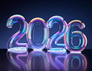 Iridescent 2026 figures made of bubbles reflect on a dark surface