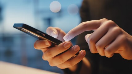 Smartphone Interaction: A close-up view of a person's hands expertly interacting with a smartphone, showcasing modern technology and connectivity.