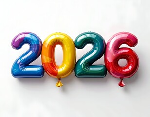 Colorful inflated balloons shaped as the year 2026 on white background