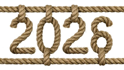 Number "2026" crafted with knotted rope strands, white background