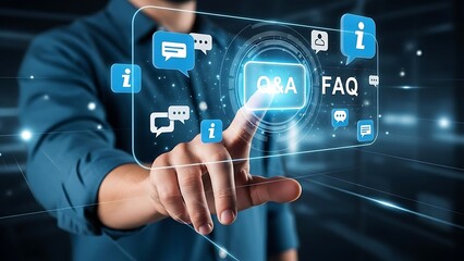 Hand interacting with digital Q and A information technology interface