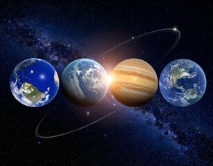 Four celestial spheres aligned against a backdrop of stars and nebulae