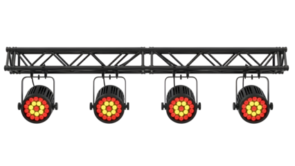 Four Stage Lighting Fixtures with Red and Yellow Lights on a Truss