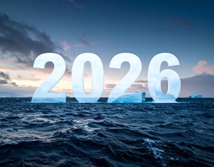 Icy 2026 numerals emerging from ocean waves against a cloudy sky