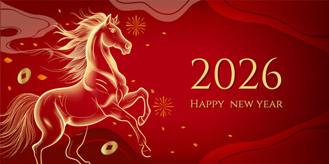 Chinese Zodiac Horse 2026 Festive Red and Gold Banner
