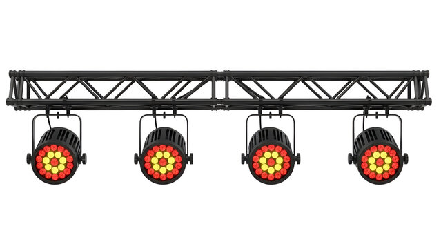 Four Stage Lighting Fixtures with Red and Yellow Lights on a Truss