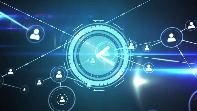 Animation of clock over network of connections with icons