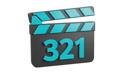 3D Clapperboard with numbers 3, 2, 1