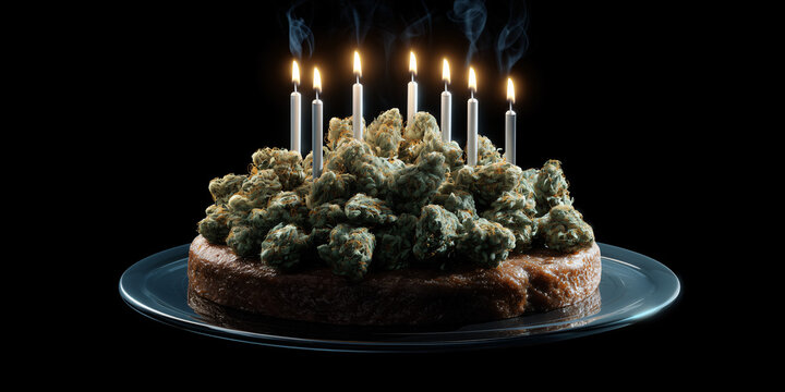 A unique birthday cake with cannabis buds, adorned with candles