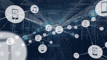 Animation of network of connections with icons and data processing over computer servers - Powered by Adobe