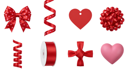 Red valentine ribbon set including satin bows, curly streamers, heart tags, and gift ornaments isolated. Decorative elements for holiday packaging and romantic celebrations.
