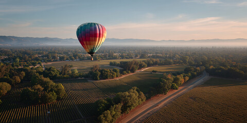 A scenic shot of a hot air balloon floating above a vineyard, captured during a beautiful sunrise. The colorful balloon adds vibrancy to the natural landscape