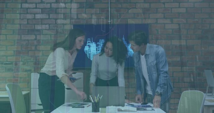 Businessmen engage in global digital finance and technology.