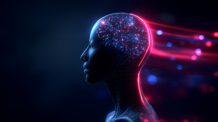 Futuristic human head silhouette with glowing neural data streams, symbolizing artificial intelligence, cognition, and advanced technology.

