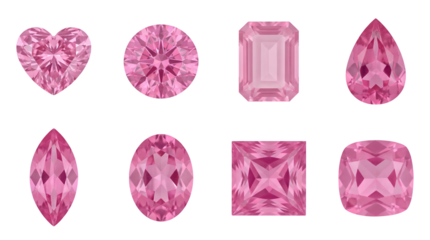 Pink gemstone set including heart, round, emerald, pear, marquise, oval, princess, and cushion cuts isolated. Jewelry and luxury gem collection.