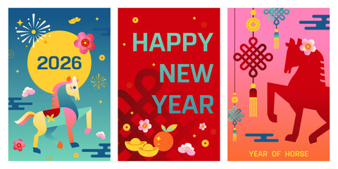 Fototapeta premium Chinese New Year 2026 Year of the Horse Poster and Greeting Card Set – Modern Geometric Vector Illustration, EPS File