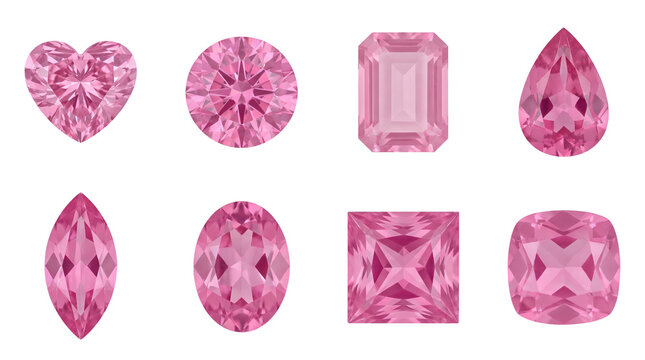Pink gemstone set including heart, round, emerald, pear, marquise, oval, princess, and cushion cuts isolated. Jewelry and luxury gem collection.