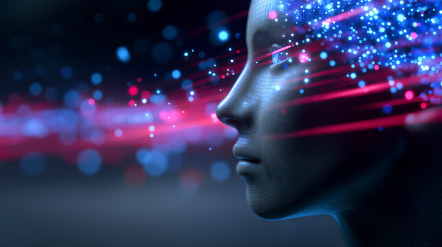 Side profile of a human face illuminated by flowing digital light particles, representing artificial intelligence, data, and neural processing.
 - Powered by Adobe