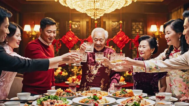Happy Asian family celebrating Chinese New Year with a reunion dinner. A multi-generational group makes a toast at a festive table
