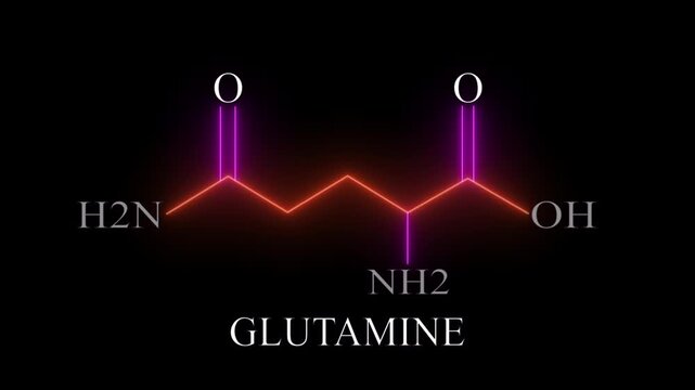 Glutamine Molecular Structure Displayed on black Background. 4K..!