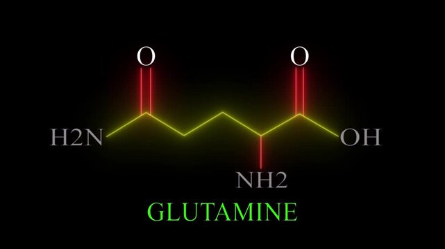 Glutamine Molecular Structure Displayed on black Background. 4K..!