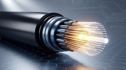 Fiber Optic Cable:  A detailed depiction of a fiber optic cable, showcasing its internal structure and the transmission of light, representing modern communication and data transfer.