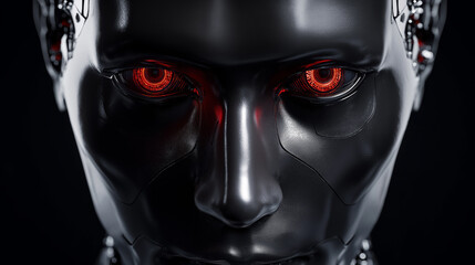 A futuristic humanoid robot with glowing red eyes representing artificial intelligence, power, and advanced technology.
