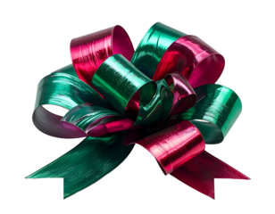 Shiny festive gift bow, with overlapping red and green metallic ribbon loops, isolated on black