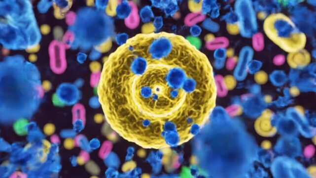 Colorful microscopic particles surrounding central yellow cell with vibrant blue vesicles and scattered pink and green fragments conveying dynamic abstract biological texture diverse bacteria