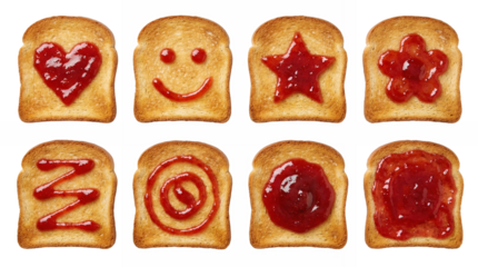 Toasted bread set including heart, star, flower, smiley face, and spiral jam patterns isolated. Breakfast and morning food collection.