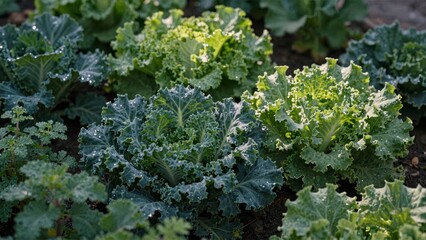 Fresh kale plants with dewdrops in garden bed