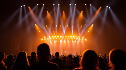 Crowd of people watching a live concert with bright stage lights creating an energetic music event atmosphere.
