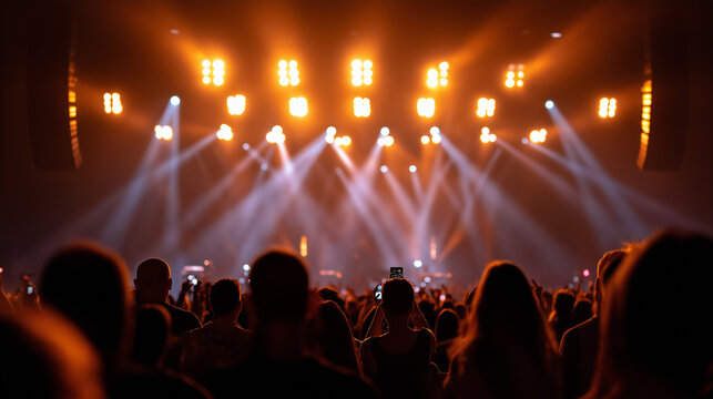 Crowd of people watching a live concert with bright stage lights creating an energetic music event atmosphere.
 - Powered by Adobe