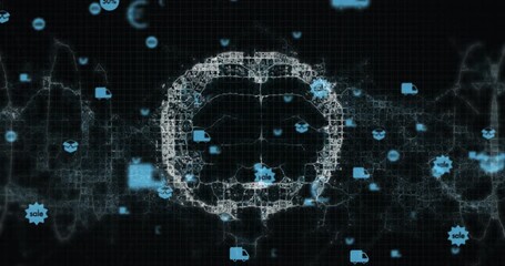 Animation of network of connections with icons over digital brain on black background - Powered by Adobe