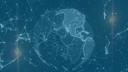 Animation of light spots and network of connections over spinning globe against blue background - Powered by Adobe