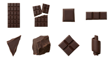 Dark chocolate bar set including whole, broken, squares, chunks, and curls isolated. Gourmet cocoa and confectionery collection.