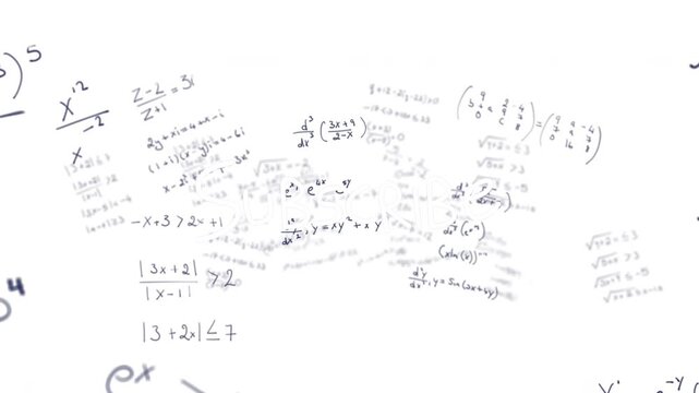 Animation of mathematical formulae and data processing on white background