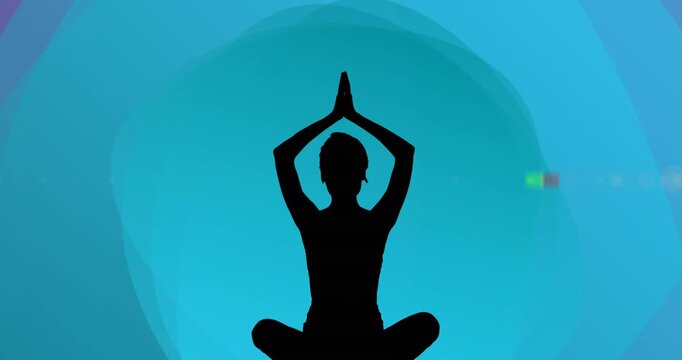 Animation of silhouette of a woman in yoga pose over gradient blue banner against purple background